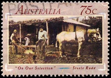 AUSTRALIA - CIRCA 1991: A Stamp printed in AUSTRALIA shows the "On Our Selection", by Steele Rudd (1868-1935), Australian Literature of the 1890's, series, circa 1991のeditorial素材
