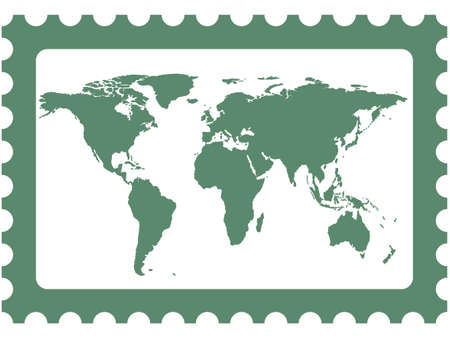 World map on the postage stamp. 