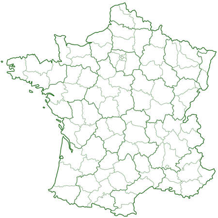Contour region and department map of the France. All objects are independent and fully editable. Source of map: http://www.lib.utexas.edu/maps/europe/france_admin91.jpgのイラスト素材