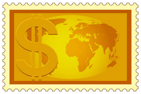 Concept illustration of the US Dollar symbol and Globe on postage stamp. のイラスト素材