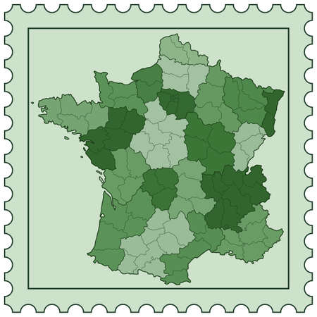 Silhouette map of the France on postage stamp. All objects are independent and fully editable. Source of map: http://www.lib.utexas.edu/maps/europe/france_admin91.jpgのイラスト素材