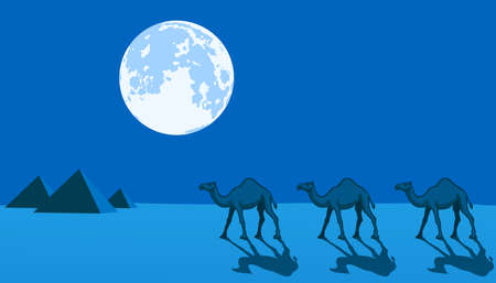 Desert night landscape with the full moon, camels and pyramidsのイラスト素材