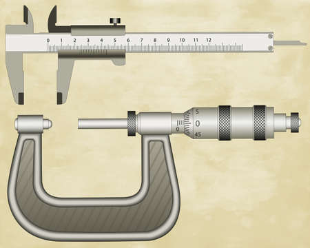 Illustration of the micrometer gauge and sliding calliper on vintage paper backgroundのイラスト素材