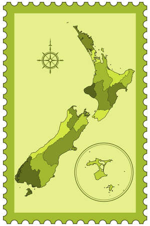 Silhouette contour border map of the New Zealand on postage stamp. All objects are independent and fully editable. Source of map: http://www.lib.utexas.edu/maps/australia/new_zealand_admin-2006.jpgのイラスト素材