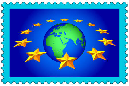 Concept illustration of the European Union flag and Earth globe on postage stampのイラスト素材