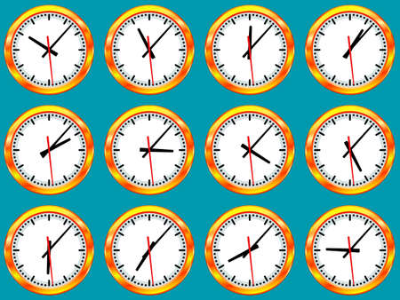 Illustration of gold clock collection with different time according to the time zones. All arrows...