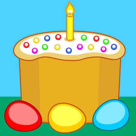Illustration of the Easter cake, candle and eggs