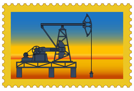 Illustration of the postage stamp with oil pumpjack derrick on desertのイラスト素材