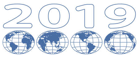 Illustration of the 2019 outline globes lettering. Elements of this image furnished by NASA. Source of map:  http://visibleearth.nasa.gov/view.php?id=74518のイラスト素材
