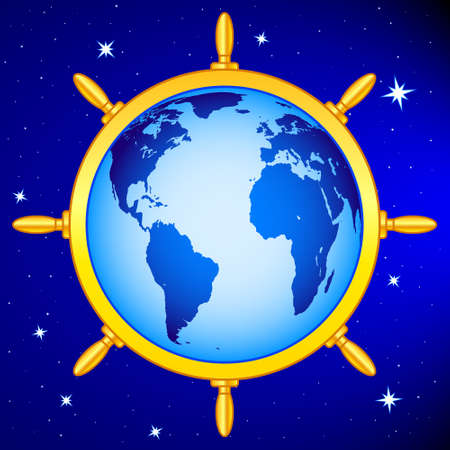 Illustration of the gold steering wheel and globe in space.のイラスト素材