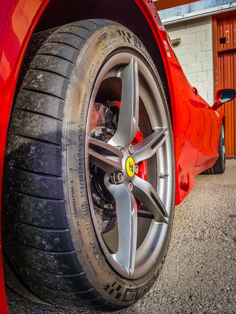 March 2017: Ferrari 458 supercar parked at Circuit de Catalunya in Barcelona Spainのeditorial素材