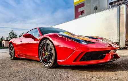 March 2017: Ferrari 458 supercar parked at Circuit de Catalunya in Barcelona Spainのeditorial素材