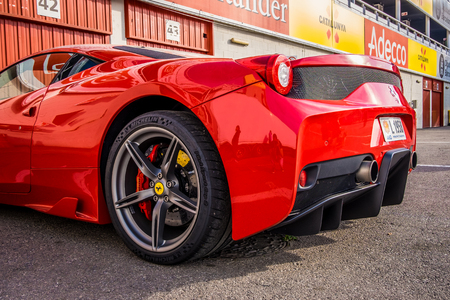 March 2017: Ferrari 458 supercar parked at Circuit de Catalunya in Barcelona Spainのeditorial素材
