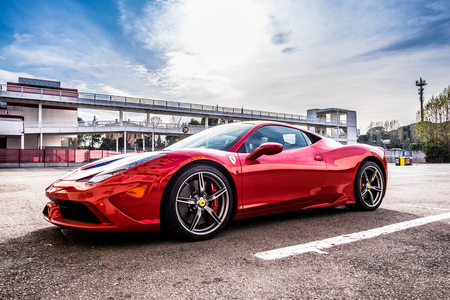 March 2017: Ferrari 458 supercar parked at Circuit de Catalunya in Barcelona Spain