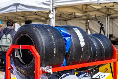 Tyres tire wheel in montjuic spirit Barcelona circuit car show.のeditorial素材