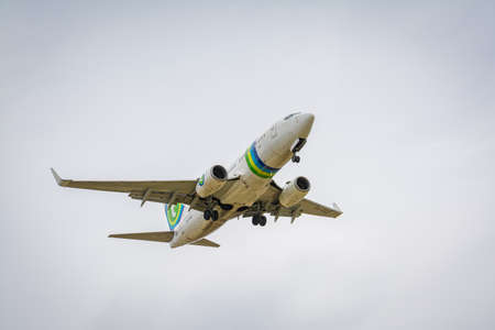 Airbus A320 taking off in Barcelona airport, Catalonia, Spainのeditorial素材