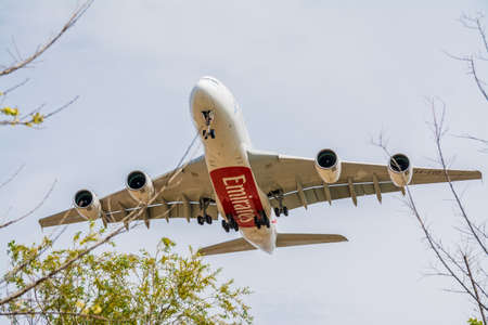 Airbus A380 taking off in Barcelona airport, Catalonia, Spain