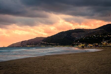 Sunset over the beach in Castelldefels, Catalonia, Spainの写真素材