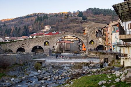 Medieval bridge in Camprodon town, Gerona, Spainの写真素材