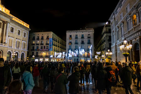 Nativity scene at night in Plaza Sant Jaume, Barcelona, Catalonia, Spainのeditorial素材