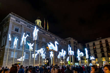 Nativity scene at night in Plaza Sant Jaume, Barcelona, Catalonia, Spainのeditorial素材