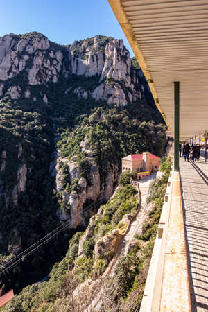 Cableway, Montserrat monastery on mountain in Barcelona, Cataloniaのeditorial素材