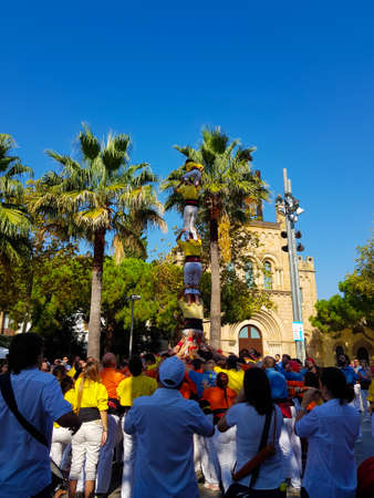 Castellers, human tower Catalonia tradition in Castelldefels, Spain.のeditorial素材