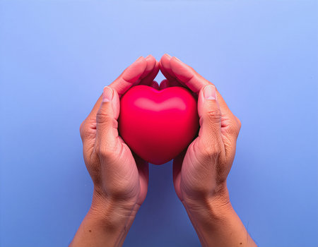 Red heart in hands on a blue background. The concept of love and health.の素材