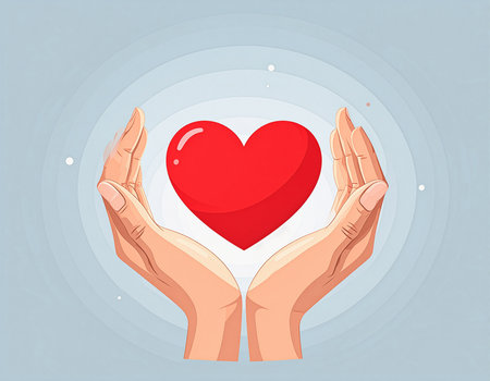 Human hands holding red heart on blue background. Vector illustration in flat style.の素材