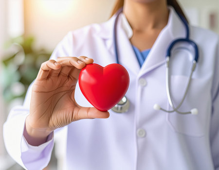 Female doctor holding a red heart in her hands, close-upの素材