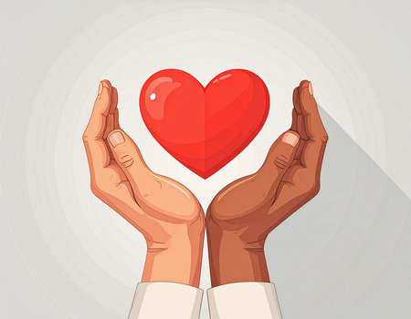 Human hands holding red heart. Vector illustration in flat design style.の素材