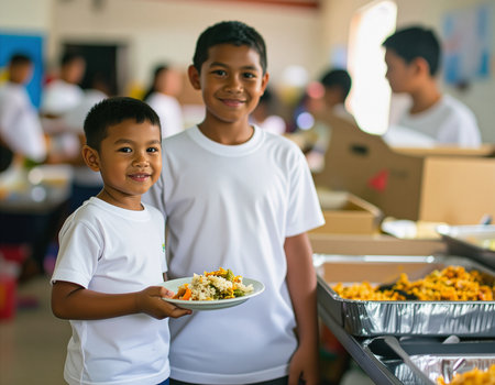 Happy asian boy and girl holding plate with food in canteenの素材