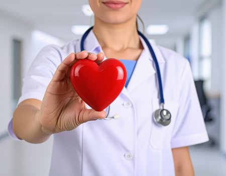 Female doctor holding a red heart in her hands. Healthcare and medical concept.の素材