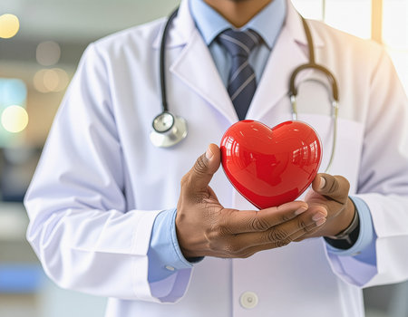 Doctor holding red heart in hands. Health care and medical concept.の素材