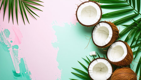 Coconut with palm leaves on color background. Flat lay, top viewの素材