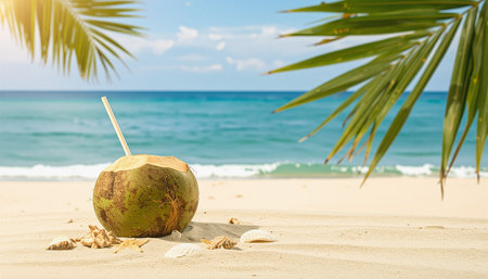 Coconut with a straw on the beach with sea background.の素材