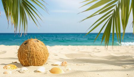 Coconut on the sandy beach with sea shells and palm tree.の素材