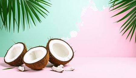 Coconut with palm leaves on pastel background. 3d illustrationの素材