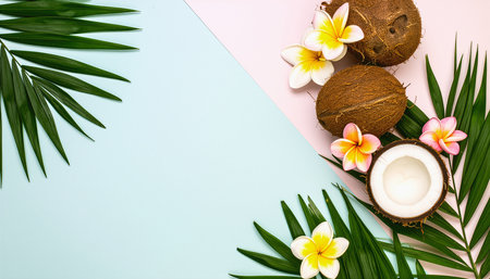 Coconut with palm leaves and frangipani flowers on colorful backgroundの素材