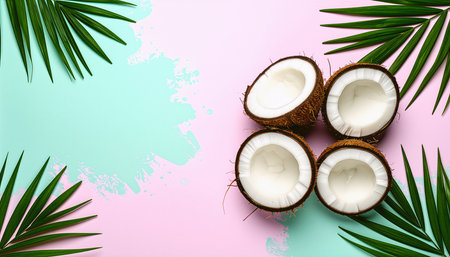 Composition with coconuts and palm leaves on color background, top viewの素材