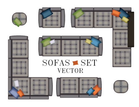 Sofas Armchair Set. Top view. Furniture with Stitching , Pouf, Pillows for Your Interior Design. Flat Vector Illustration. Scene Creator. Grey Color 4のイラスト素材