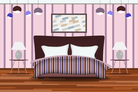 Bedroom Illustration. Elevation Room with Bed, Side Table, Lamp, Window and Curtains. Furniture Set for Your Interior Design .のイラスト素材