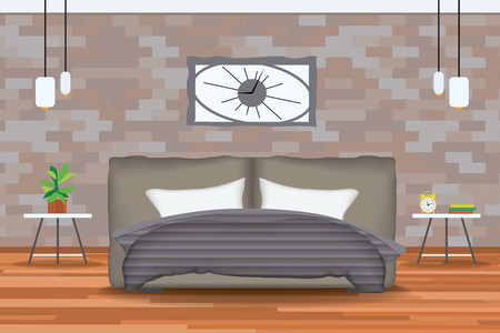 Loft Style Interior Design Vector Illustration.Bed in Front of Brick Wall with Side Tables,Chandeliers,Clocks, Plants.Cartton Bedroom with Parquet Floor.Bedroom Elevation.Bedding and Bedroom Furniture Set.のイラスト素材