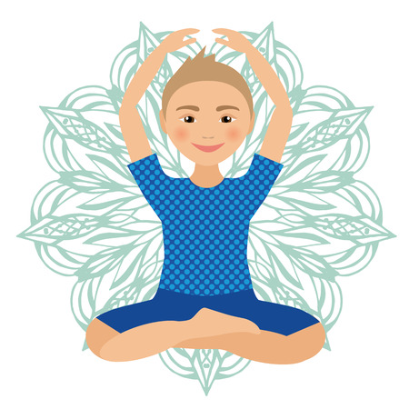 Kids Yoga Pose Vector Illustration. Child doing exercises. Posture for Kid. Healthy Children Lifestyle. Babies gymnastics. Sports Boy on White Background. Oriental Meditation Relaxation. Mandalaのイラスト素材
