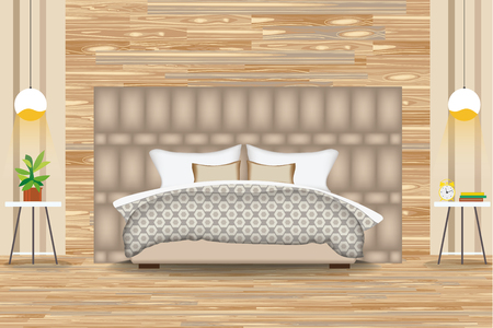 Modern Style Interior Design Vector Illustration.Bed in Front of Parquet Wall. Side Tables,Chandeliers,Artwork.Cartoon Bedroom, Parquet Floor. Elevation. Bedding and Furniture.のイラスト素材