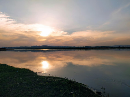 Sunset on the Mekong River in Luang Prabang Laosの写真素材