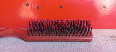 Hairbrush in a red plastic case on a white background.の写真素材