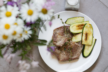 home cooked dish: pork with zucchini pumpkinの写真素材