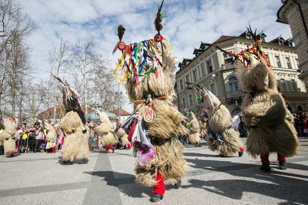 Ljubljana, Slovenia / Slovenia - FEBRUARY 02 2019: Carnival in Slovenia with some traditional Slovenian mask such as kurent, which is made out of sheep wool; it scares winter awayのeditorial素材