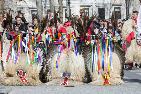 Ljubljana, Slovenia / Slovenia - FEBRUARY 02 2019: Carnival in Slovenia with some traditional Slovenian mask such as kurent, which is made out of sheep wool; it scares winter awayのeditorial素材